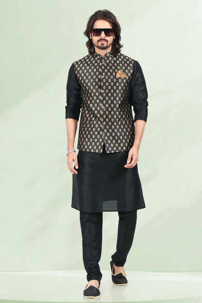 Black Colour Jacquard Banarasi Silk Woven Work Kurta Pajama With Jacket