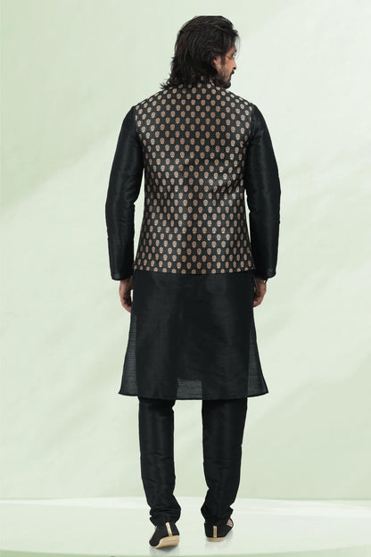 Black Colour Jacquard Banarasi Silk Woven Work Kurta Pajama With Jacket
