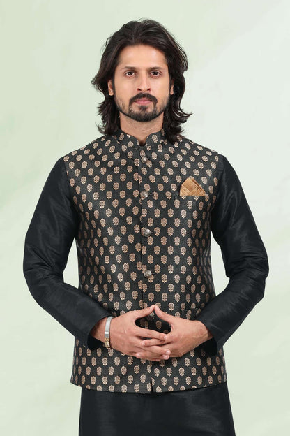 Black Colour Jacquard Banarasi Silk Woven Work Kurta Pajama With Jacket