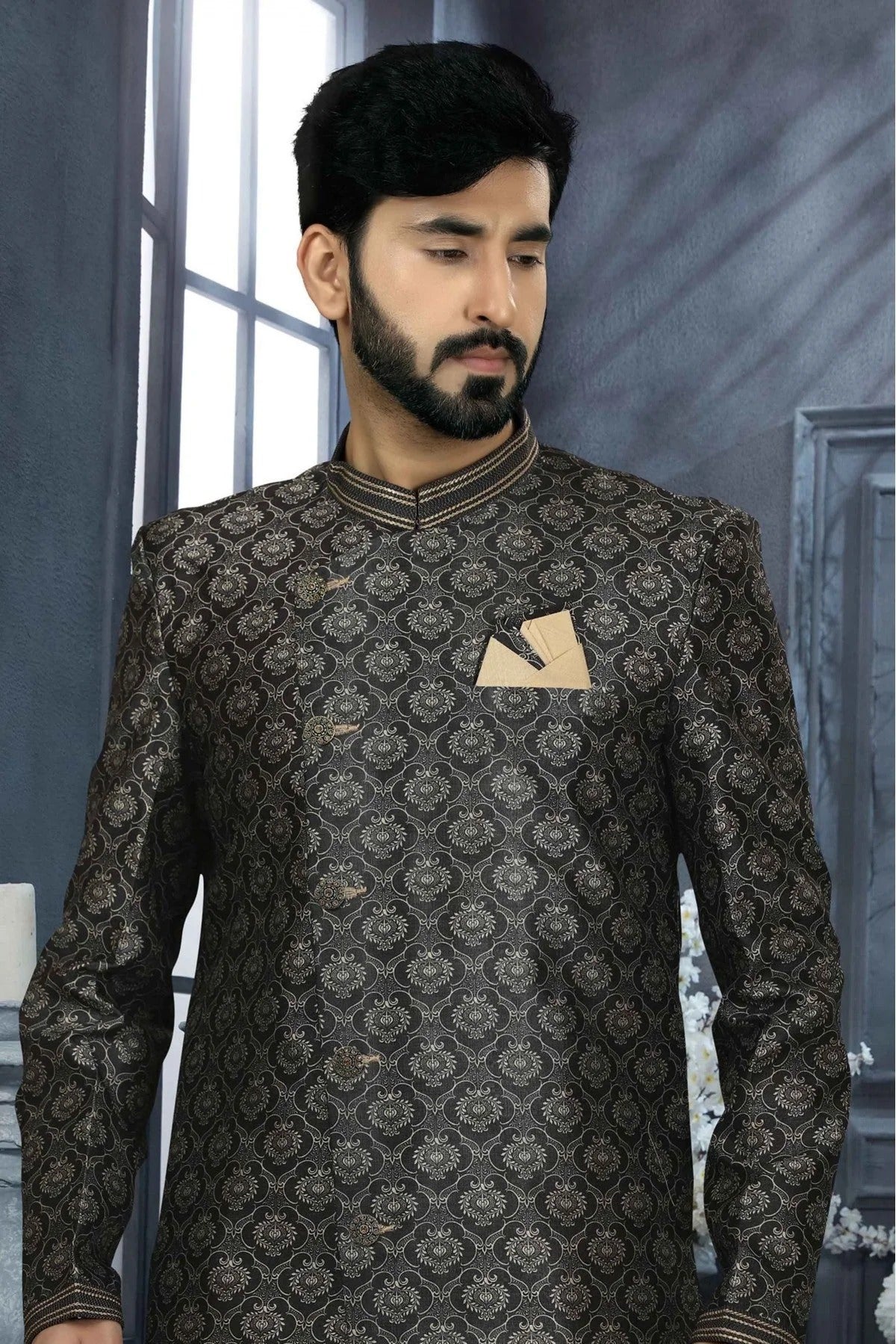 Black Colour Jacquard Digital Print Sherwani SH1040346 A