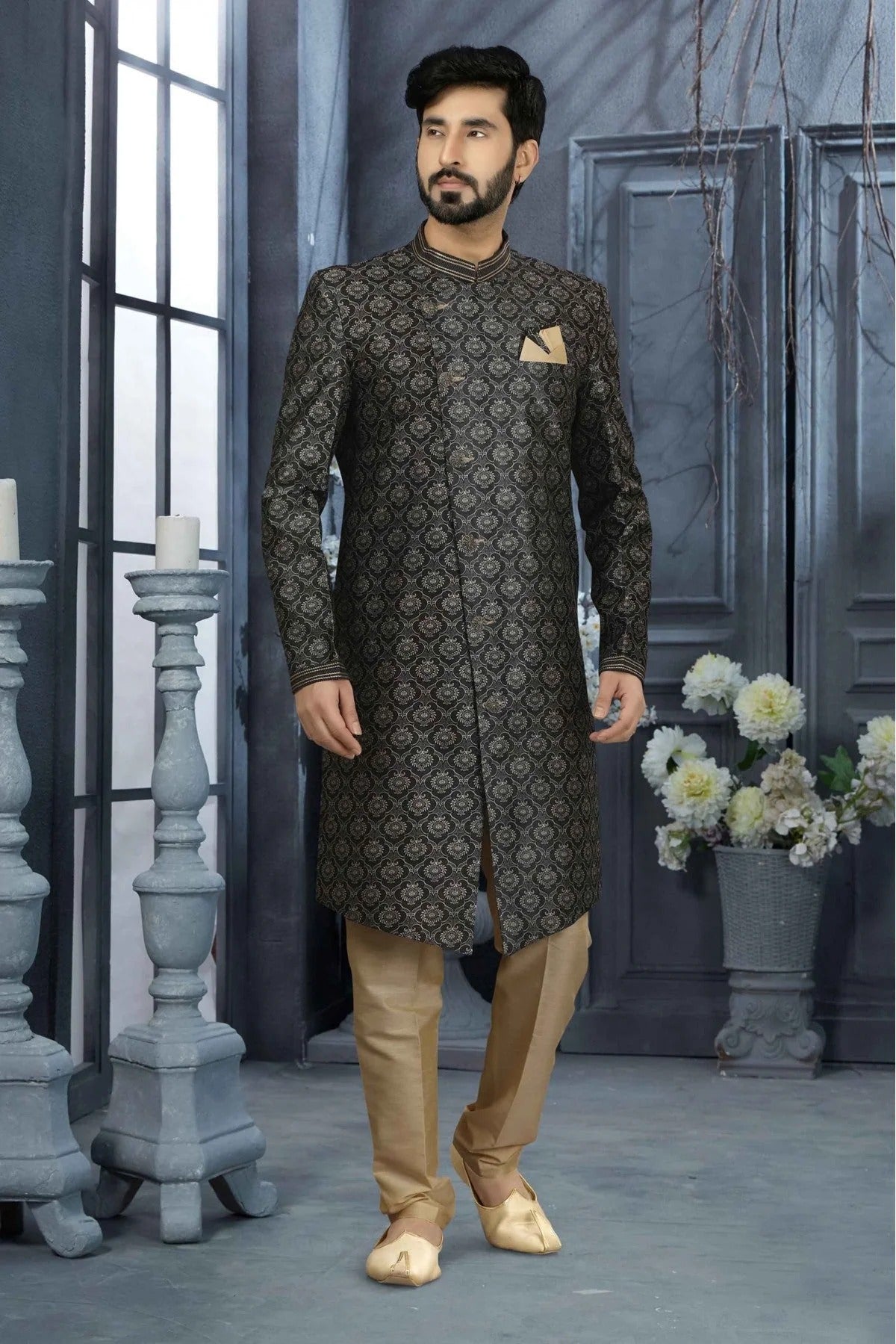 Black Colour Jacquard Digital Print Sherwani SH1040346
