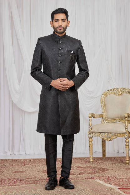 Black Colour Jacquard Embroidery Work Indo Western Sherwani SH1230602