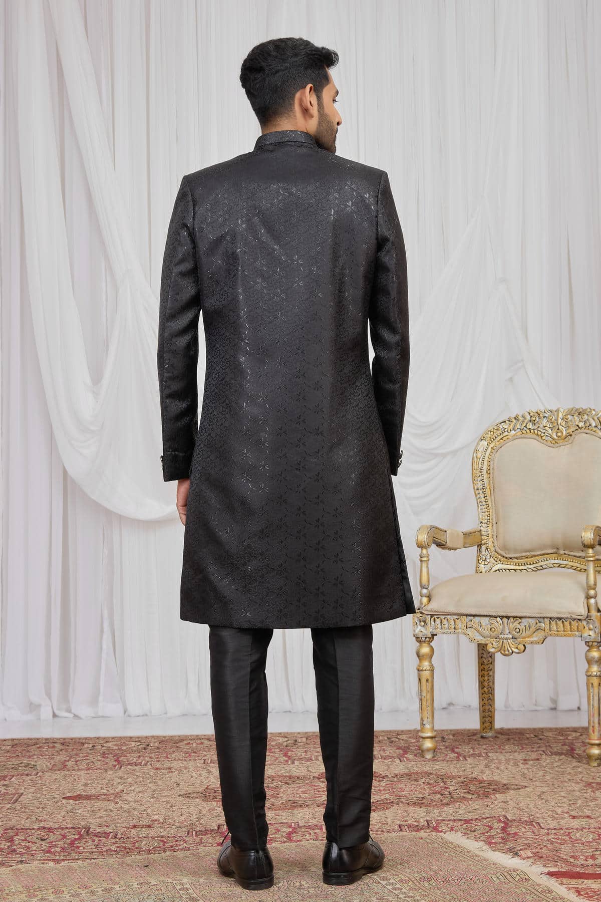 Black Colour Jacquard Embroidery Work Indo Western Sherwani SH1230602