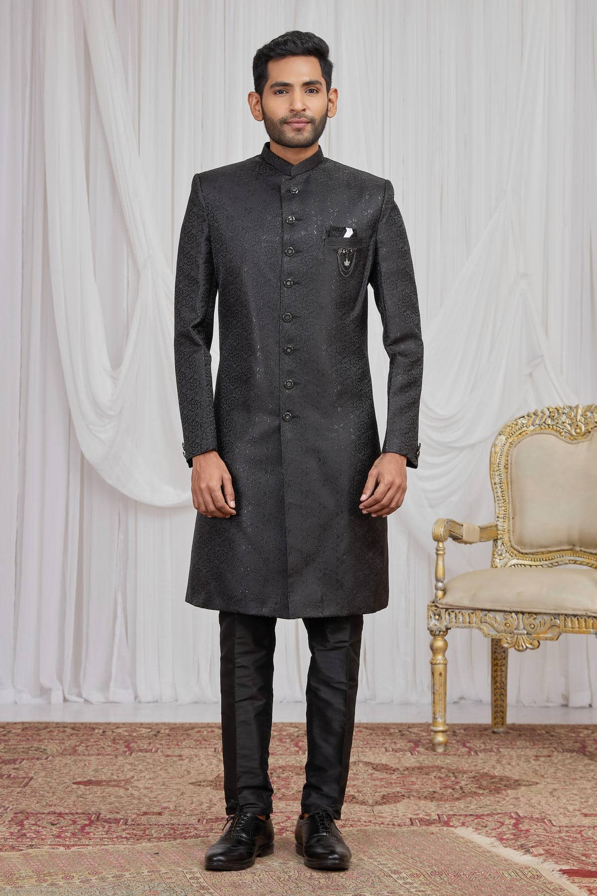 Black Colour Jacquard Embroidery Work Indo Western Sherwani SH1230602