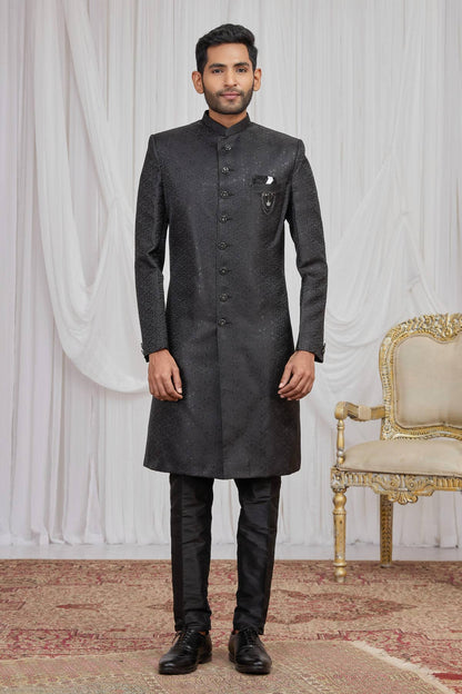 Black Colour Jacquard Embroidery Work Indo Western Sherwani SH1230602