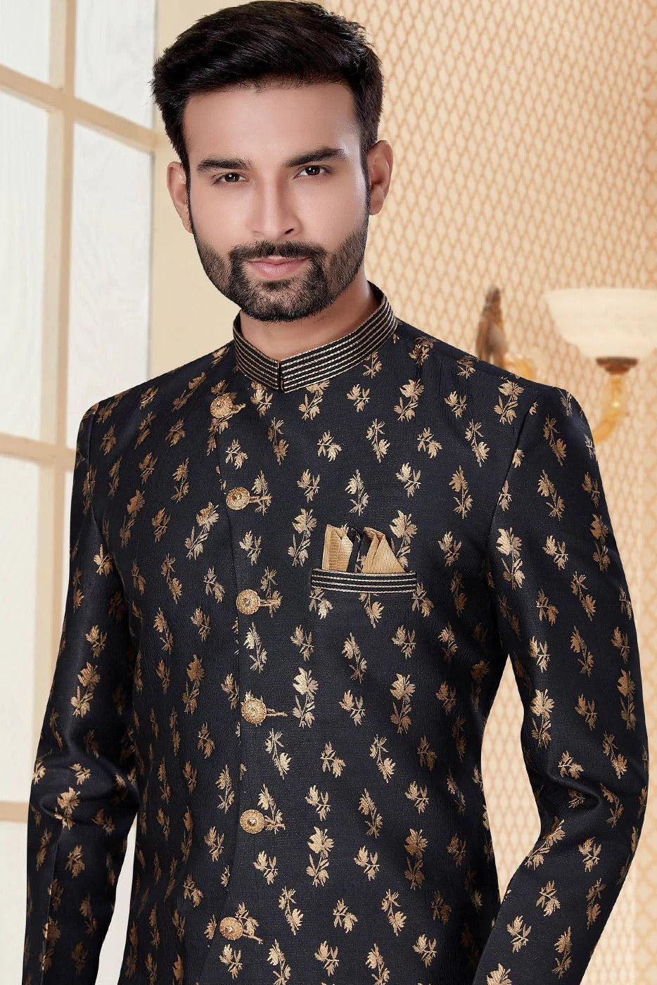 Black Colour Jacquard Sherwani SH1040250 A