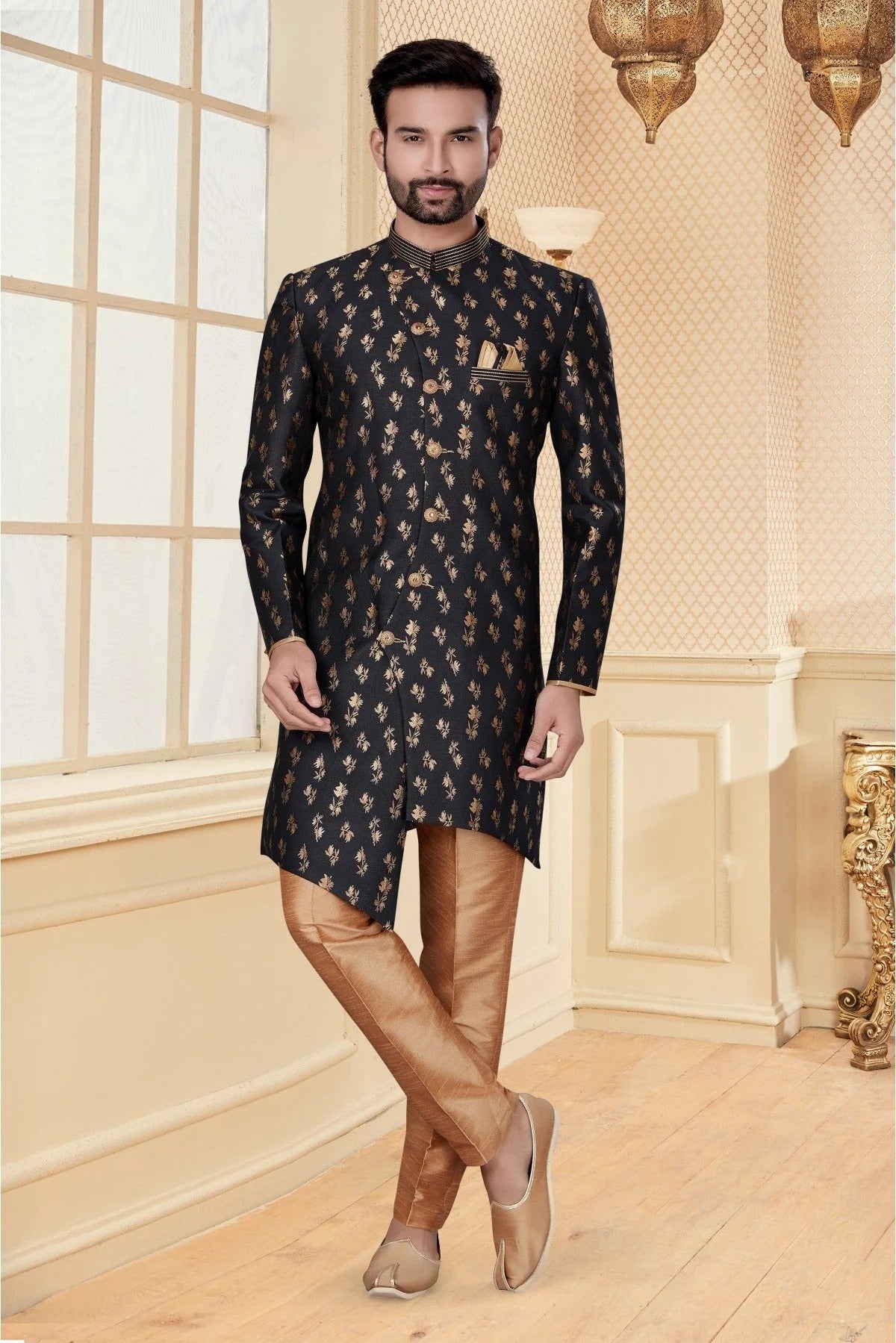 Black Colour Jacquard Sherwani SH1040250