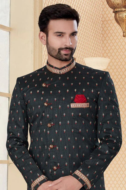 Black Colour Jacquard Sherwani SH1040258 A
