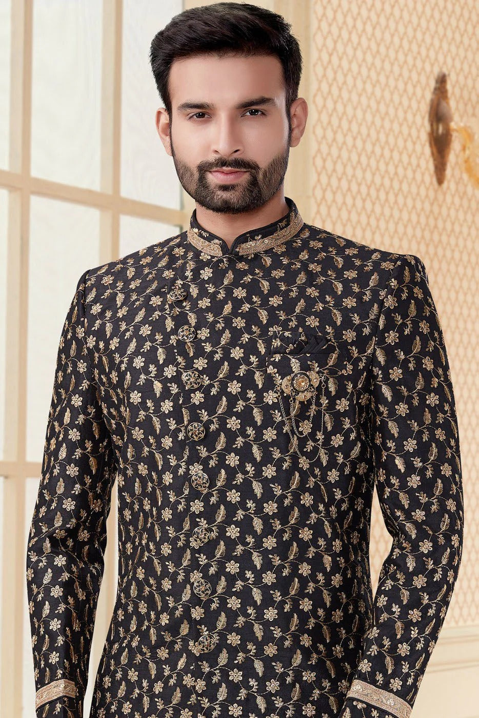 Black Colour Jacquard Sherwani SH1040264 A