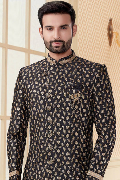 Black Colour Jacquard Sherwani SH1040264 A
