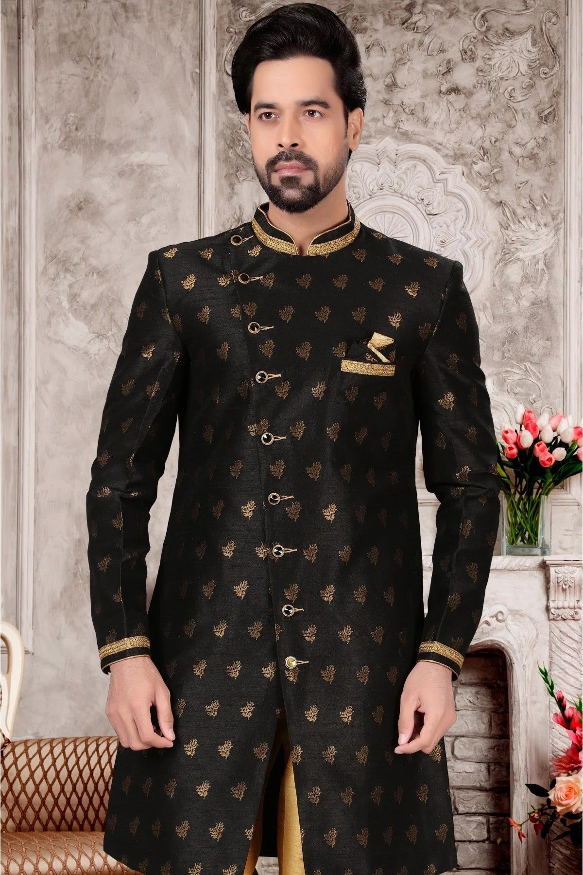 Black Colour Jacquard Sherwani SH1040302 A