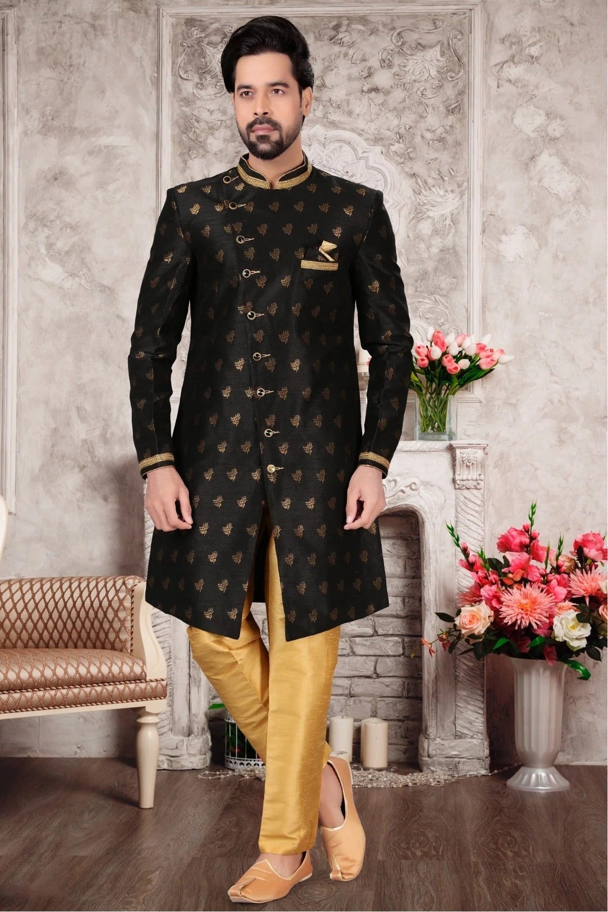 Black Colour Jacquard Sherwani SH1040302