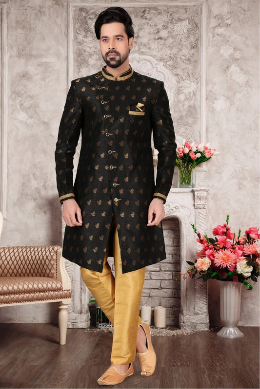 Black Colour Jacquard Sherwani SH1040302