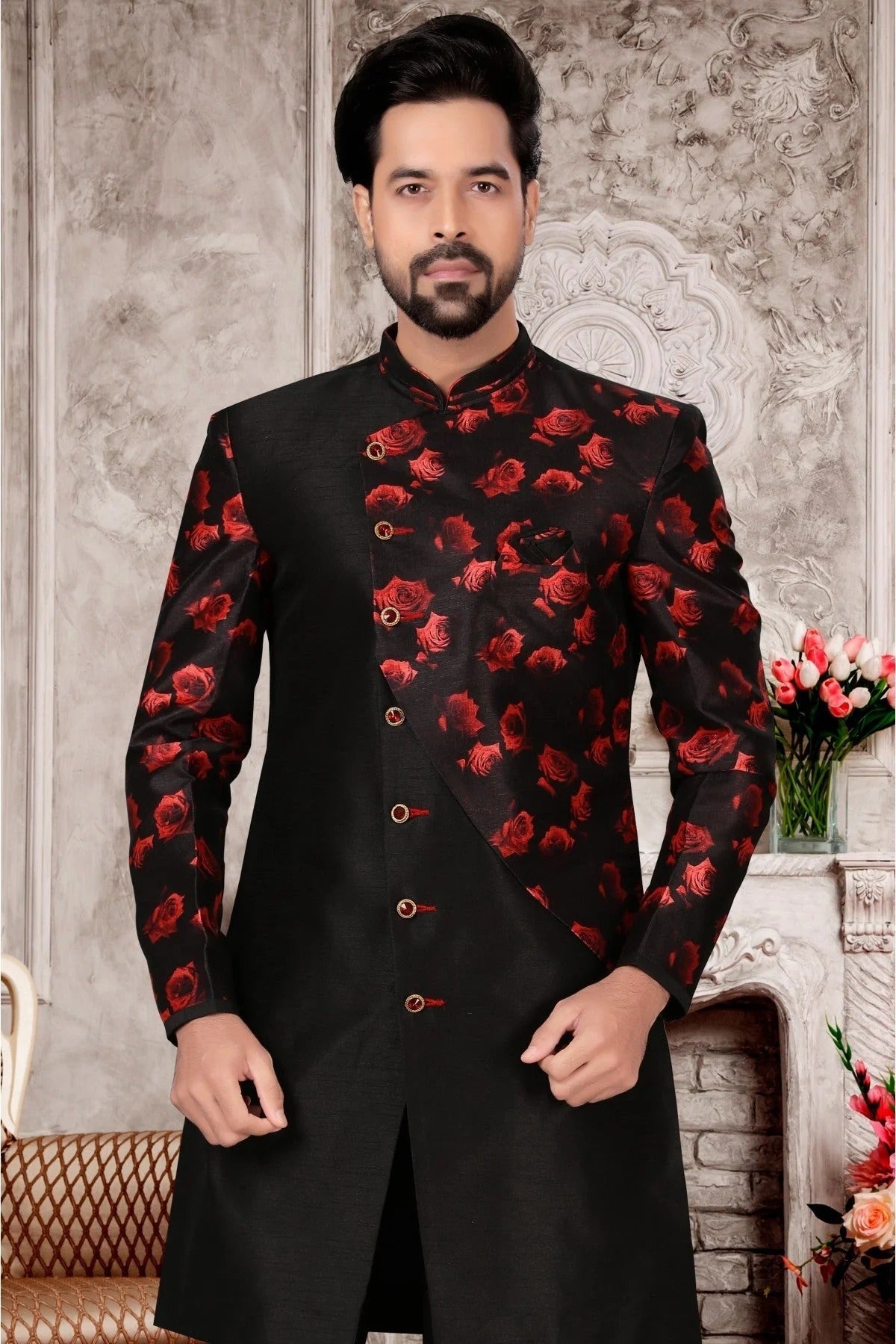 Black Colour Jacquard Sherwani SH1040306 A
