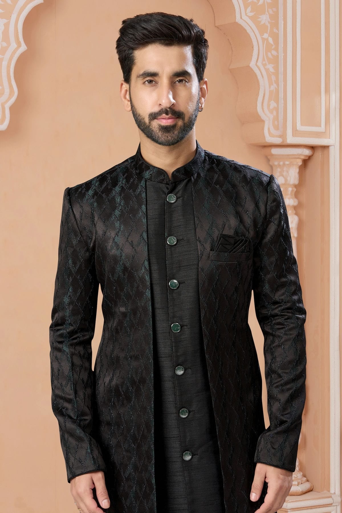Black Colour Jacquard Sherwani SH1040553 A
