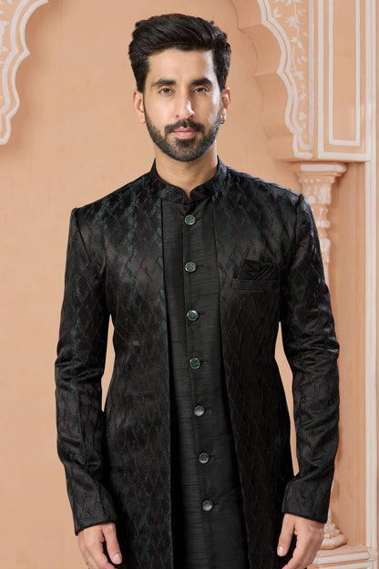 Black Colour Jacquard Sherwani SH1040553 A