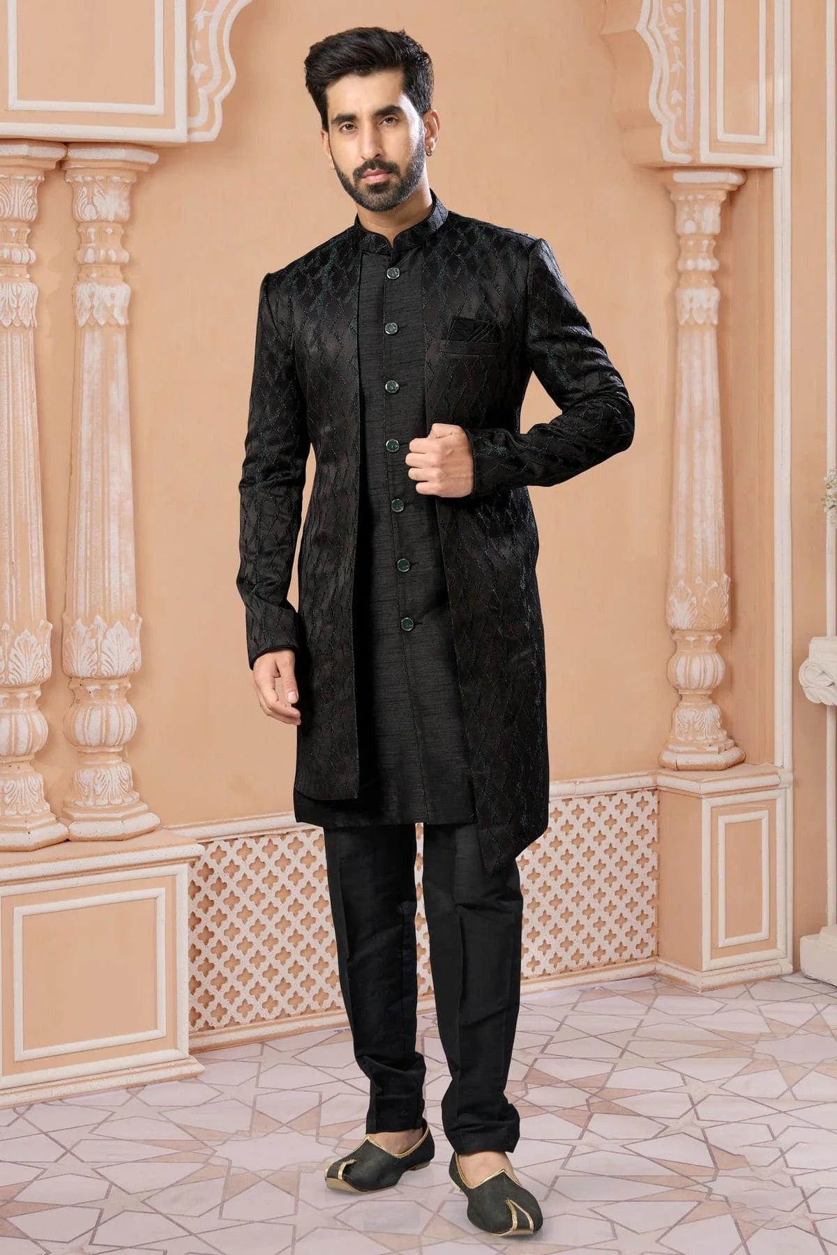 Black Colour Jacquard Sherwani SH1040553