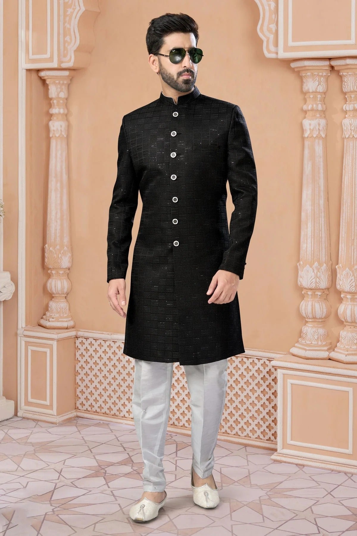 Black Colour Jacquard Sherwani SH1040564