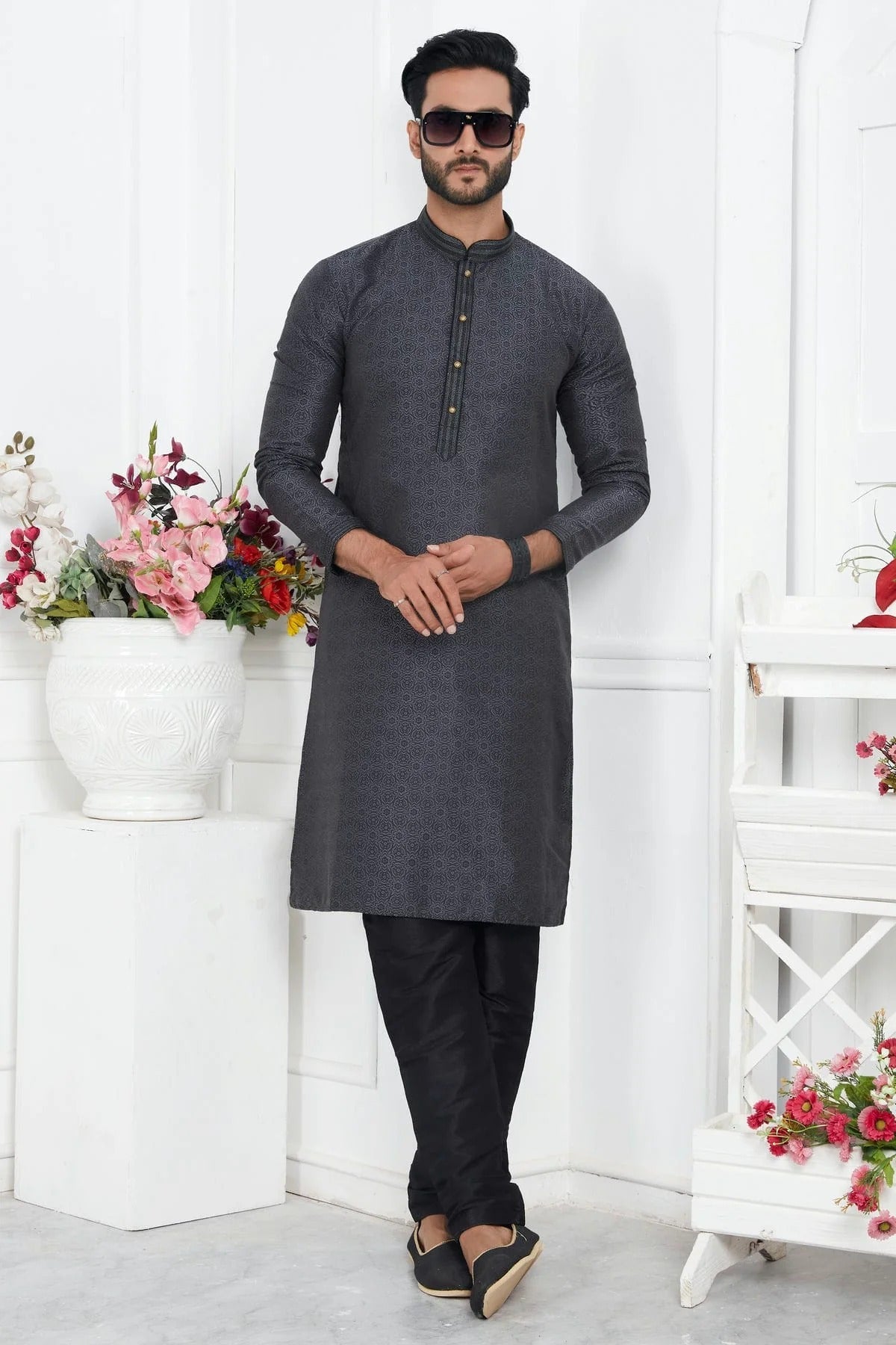 Black Colour Jacquard Silk Brocade Kurta Pajama KP1230223 A