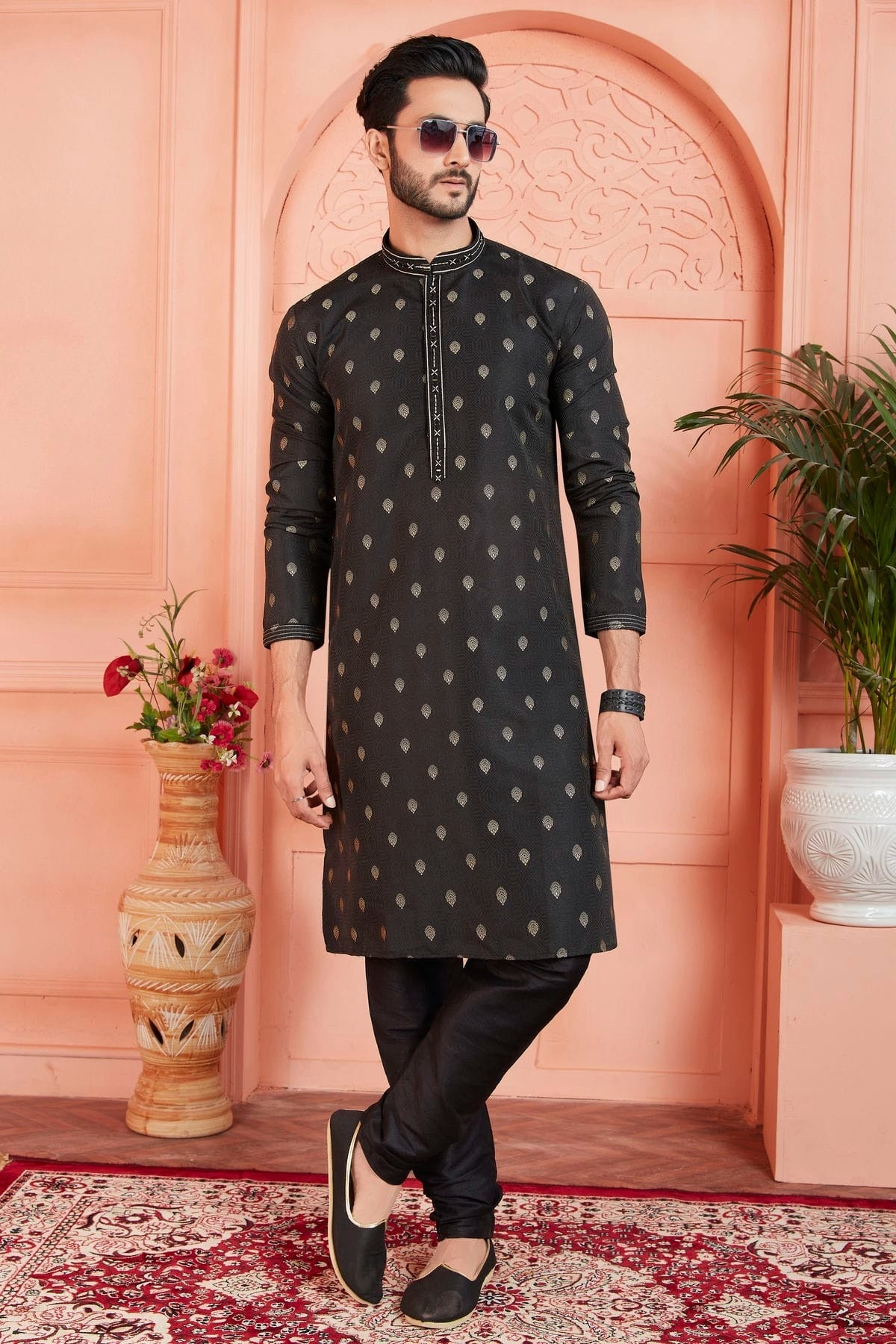 Black Colour Jacquard Silk Brocade Kurta Pajama KP1230241 A