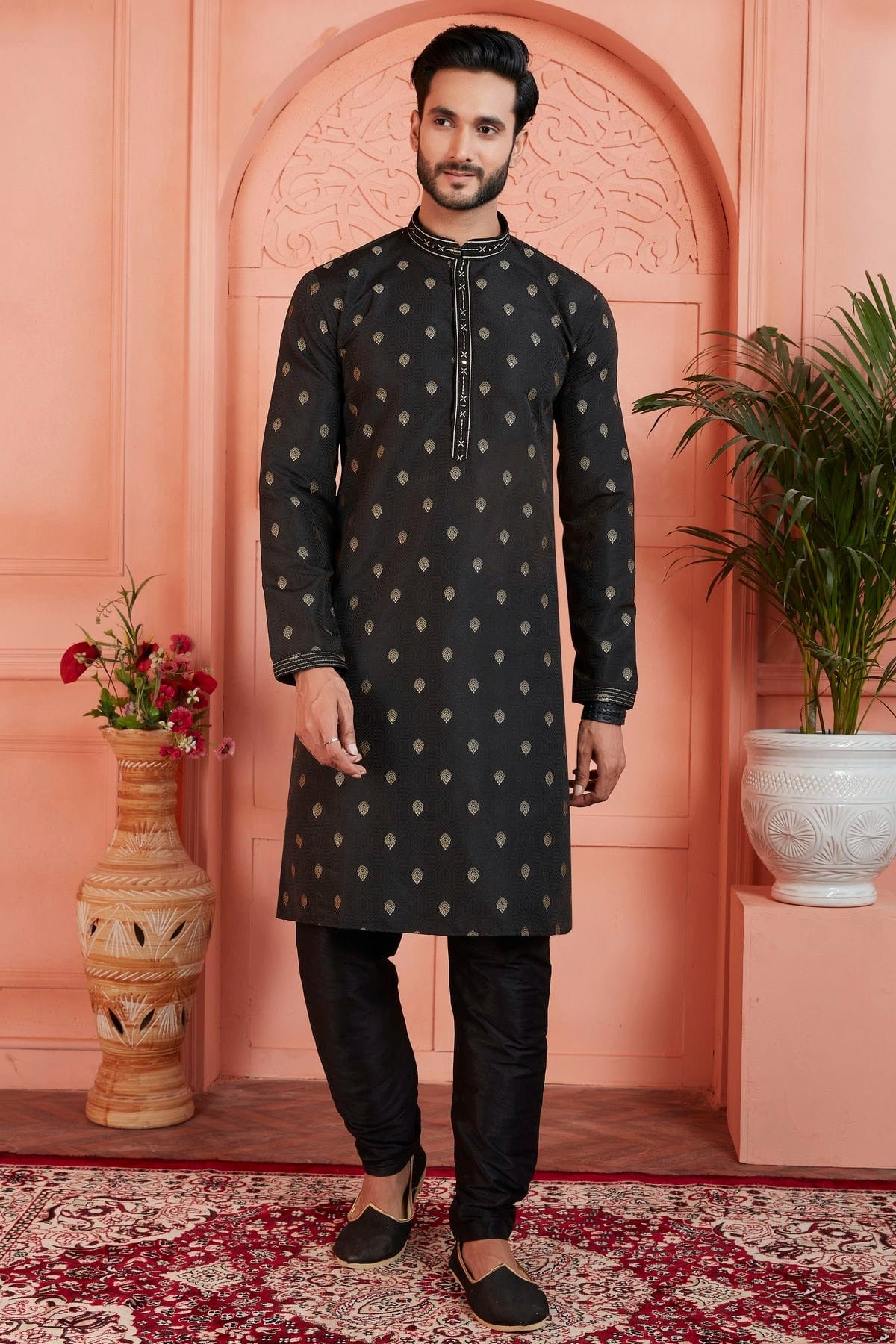 Black Colour Jacquard Silk Brocade Kurta Pajama KP1230241