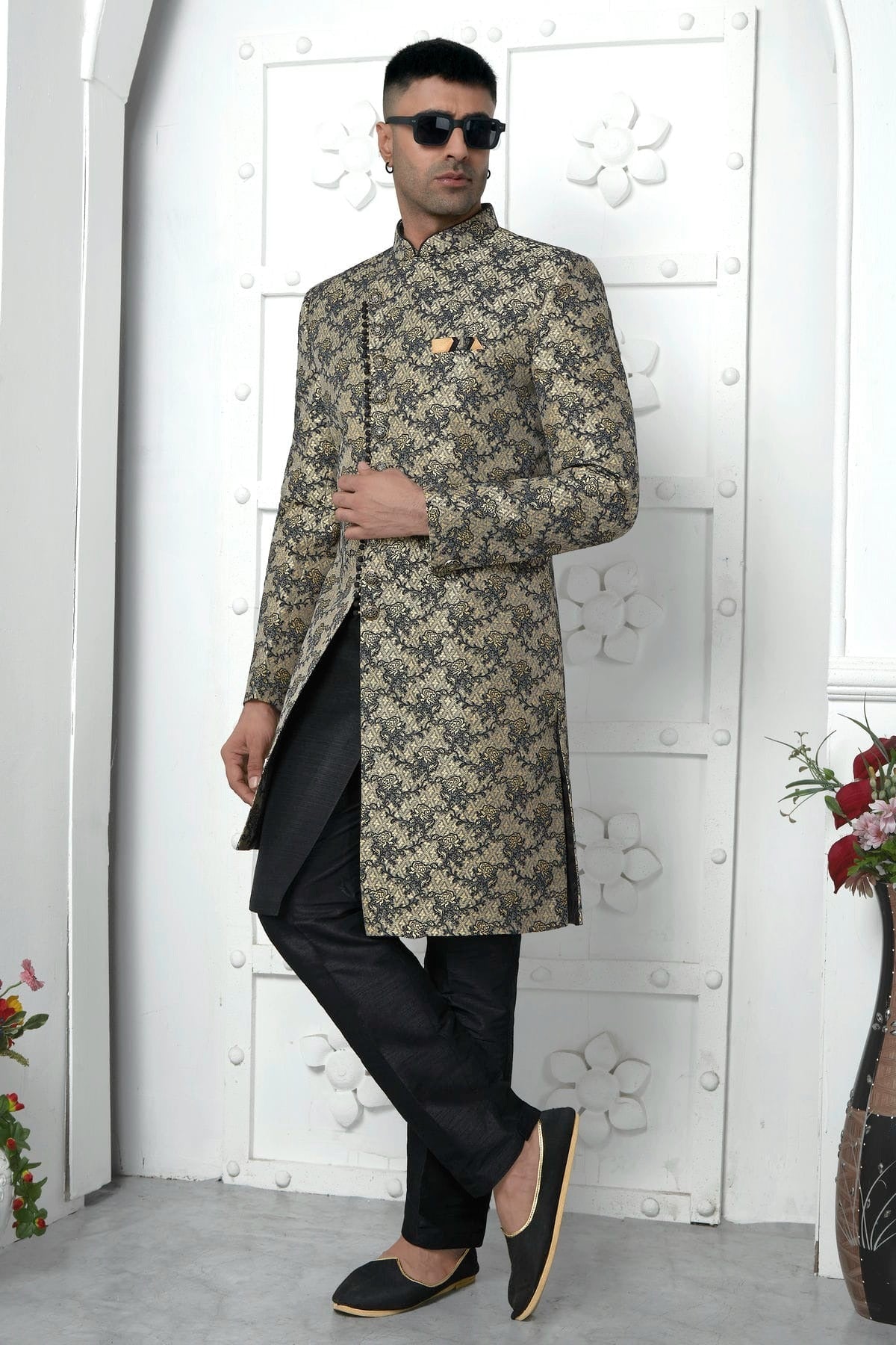 Black Colour Jacquard Silk Indowestern Sherwani With Aligadhi Pant SH1230040 A