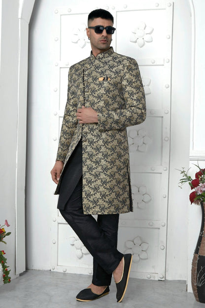 Black Colour Jacquard Silk Indowestern Sherwani With Aligadhi Pant SH1230040 A