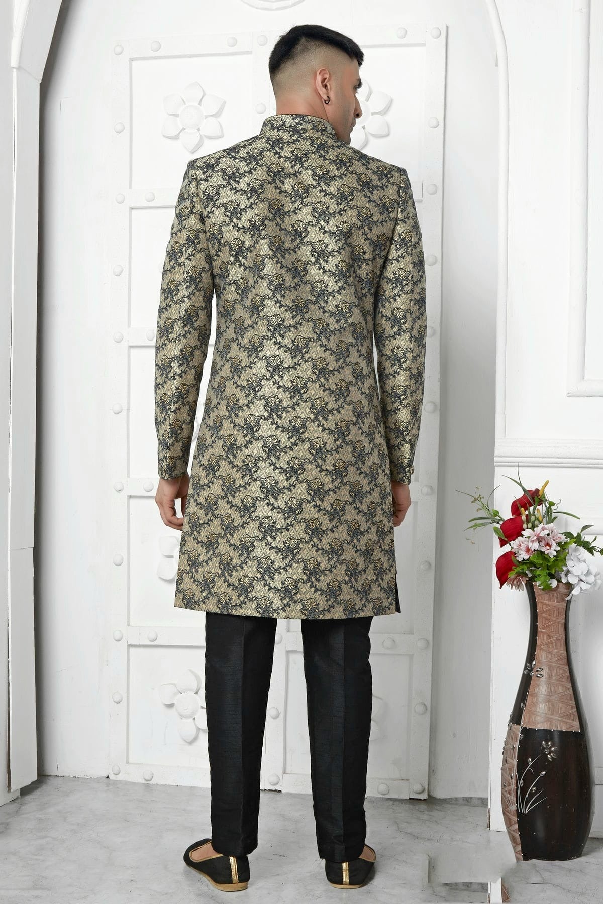 Black Colour Jacquard Silk Indowestern Sherwani With Aligadhi Pant SH1230040 B