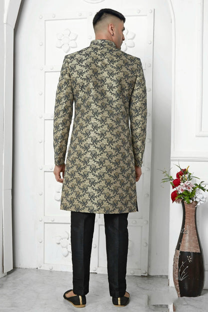 Black Colour Jacquard Silk Indowestern Sherwani With Aligadhi Pant SH1230040 B