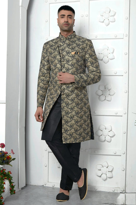 Black Colour Jacquard Silk Indowestern Sherwani With Aligadhi Pant SH1230040