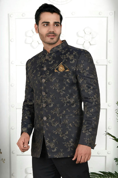 Black Colour Jacquard Silk Jodhpuri Jacket JP1230115 A