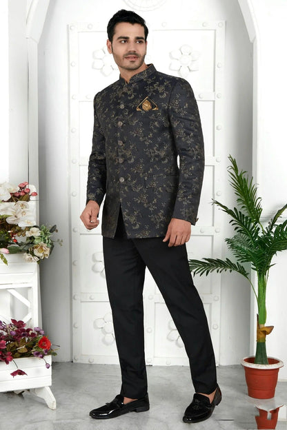 Black Colour Jacquard Silk Jodhpuri Jacket JP1230115