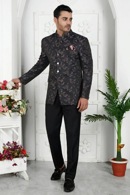 Black Colour Jacquard Silk Jodhpuri Jacket JP1230116