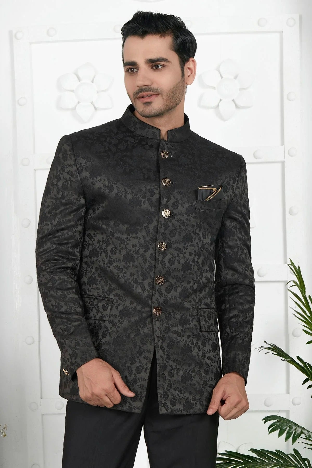 Black Colour Jacquard Silk Jodhpuri Jacket JP1230120 A