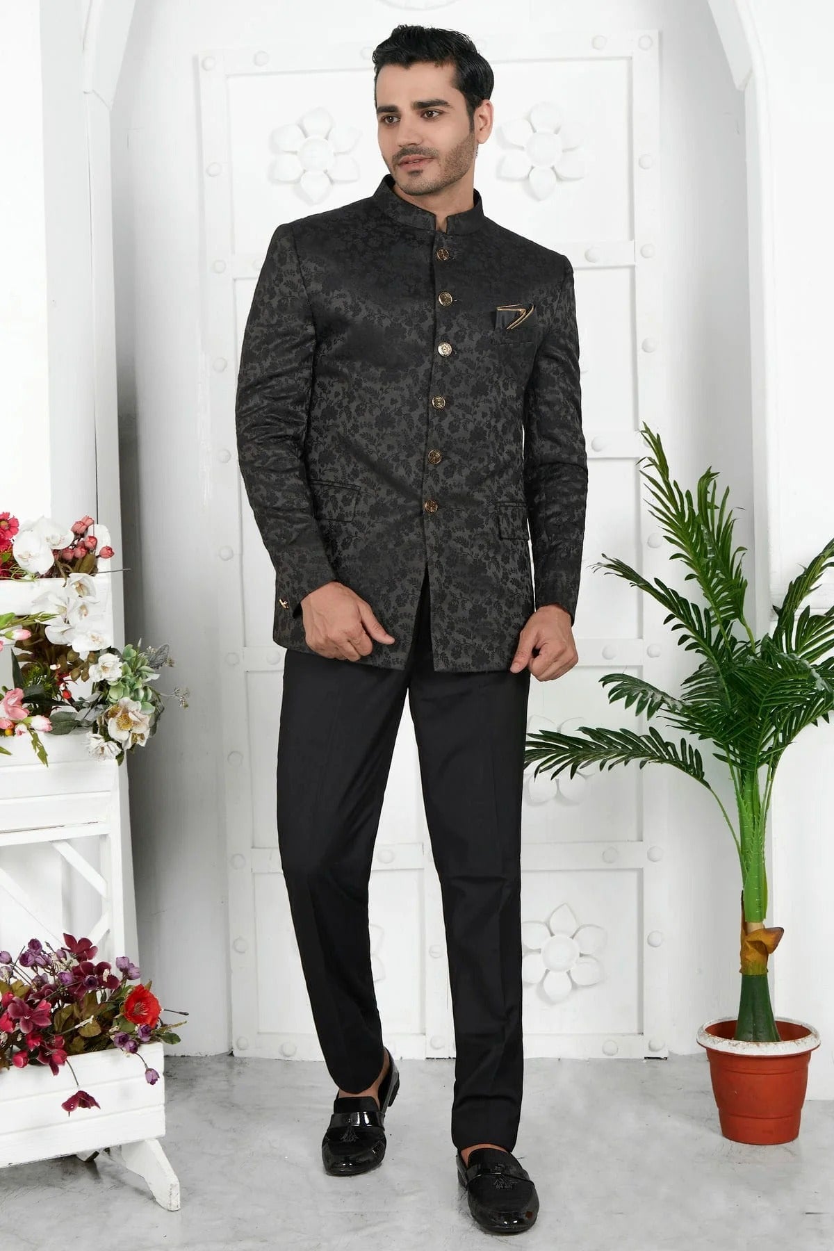 Black Colour Jacquard Silk Jodhpuri Jacket JP1230120