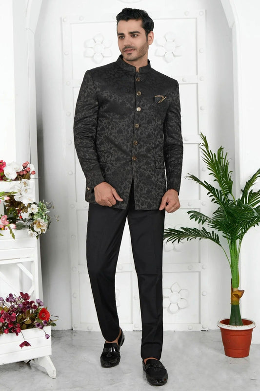 Black Colour Jacquard Silk Jodhpuri Jacket JP1230120