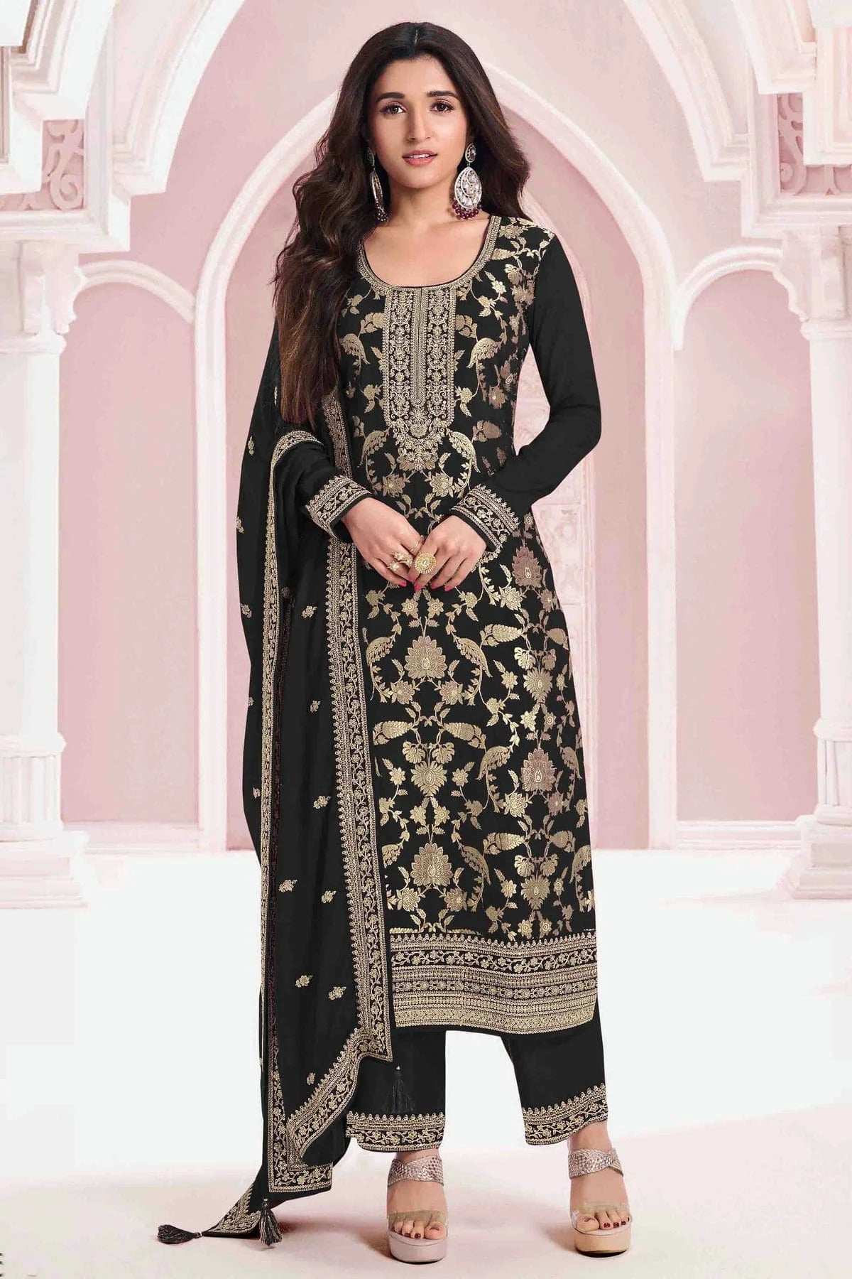 Black Colour Jacquard Viscose Pant Style Suit SM1140911