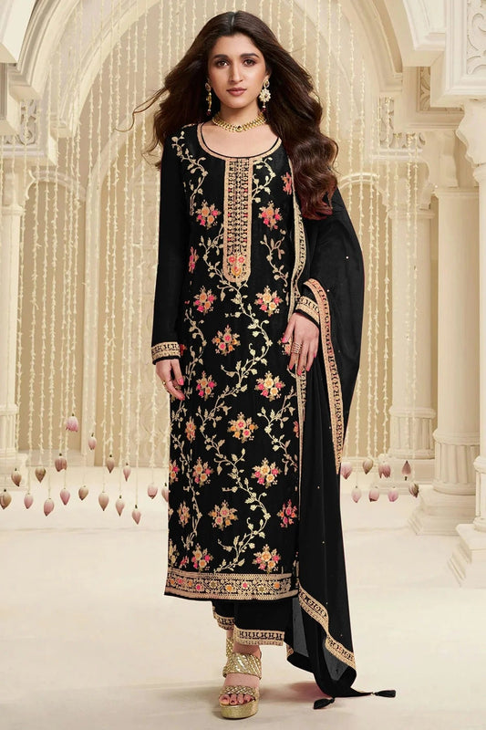Black Colour Jacquard Viscose Straight Suit SM1140583