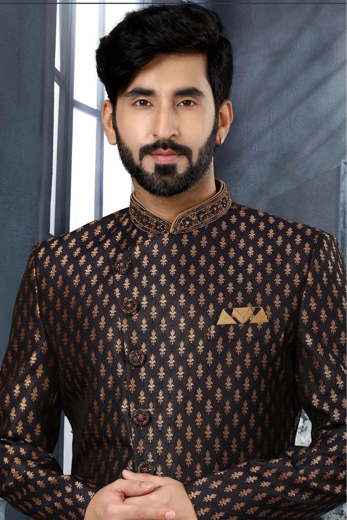 Black Colour Jacquard Woven Sherwani SH1040341 A
