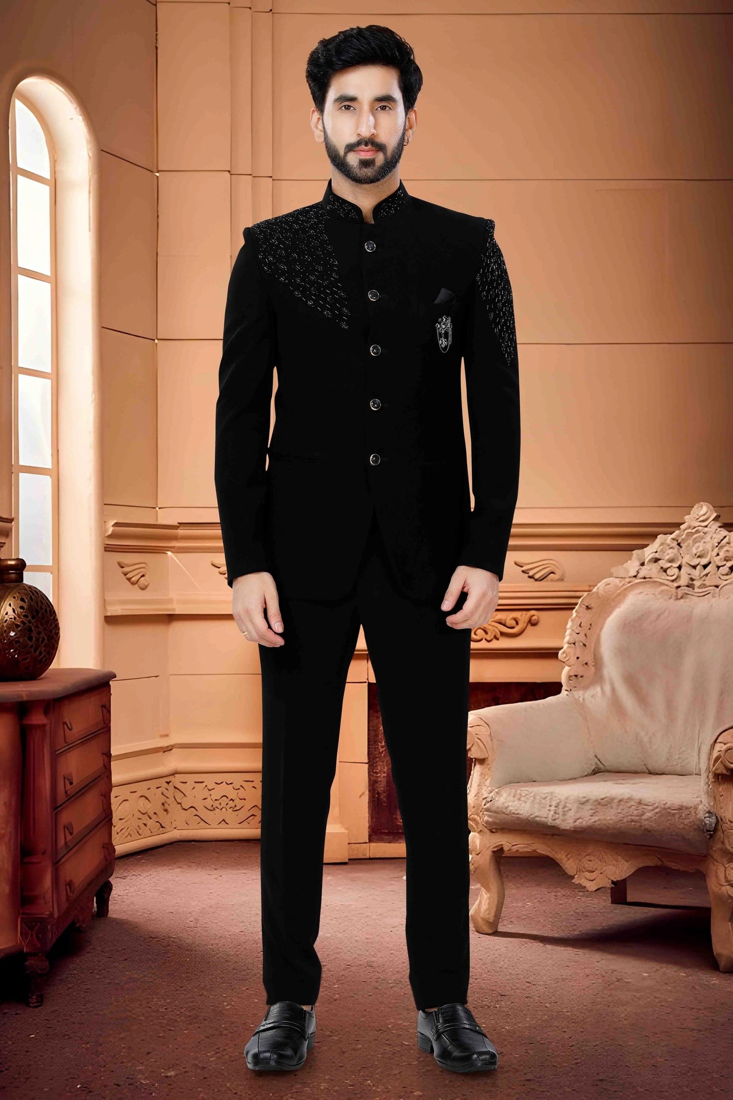 Black Colour Jodhpuri In Japanese Terry Rayon Fabric JP1130171