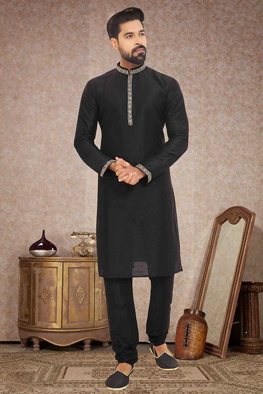 Black Colour Kurta Pajama In Dupion Silk KP1210138
