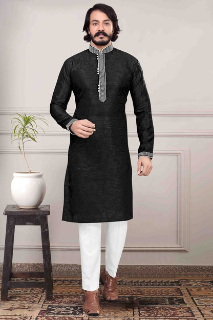 Black Colour Kurta Pajama In Jacquard Silk KP1210026