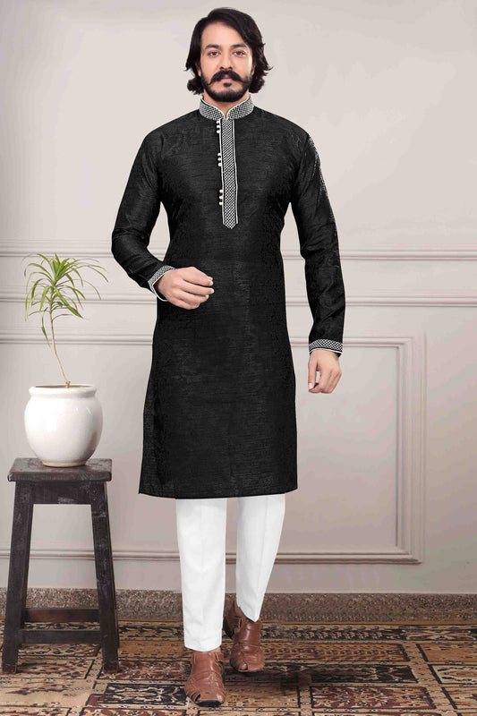 Black Colour Kurta Pajama In Jacquard Silk KP1210026