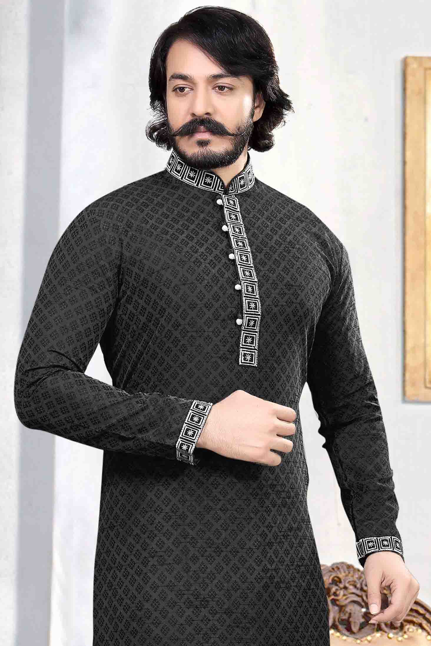 Black Colour Kurta Pajama In Jacquard Silk KP1210036 A