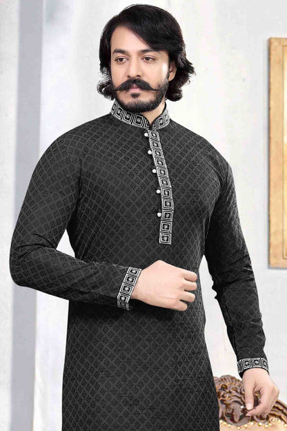 Black Colour Kurta Pajama In Jacquard Silk KP1210036 A