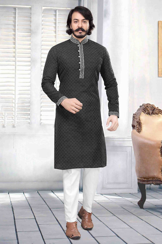 Black Colour Kurta Pajama In Jacquard Silk KP1210036