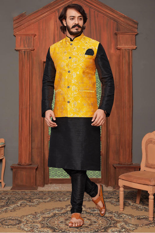 Black Colour Kurta Pajama With Jacket In Art Silk KP1210343
