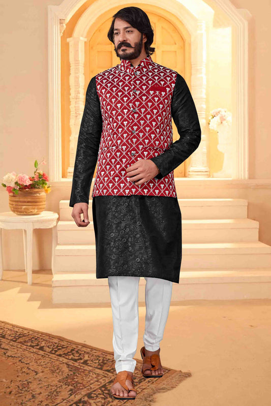 Black Colour Kurta Pajama With Jacket In Art Silk KP1210362