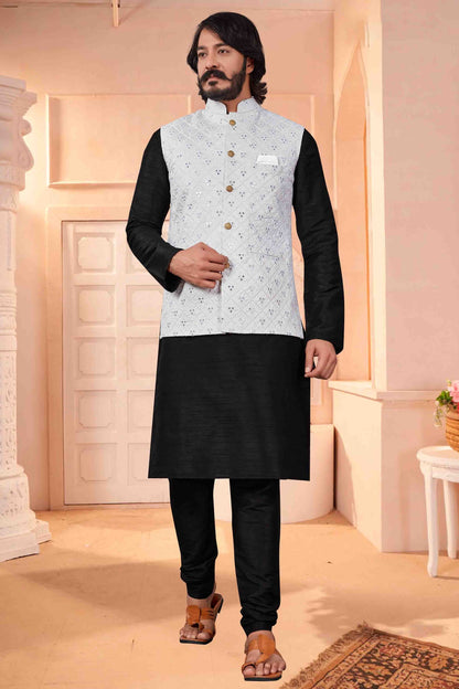 Black Colour Kurta Pajama With Jacket In Art Silk KP1210365