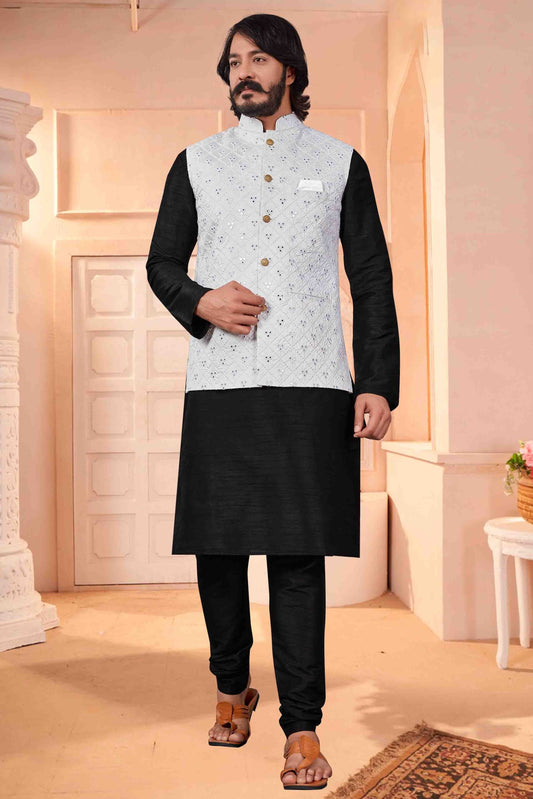Black Colour Kurta Pajama With Jacket In Art Silk KP1210365